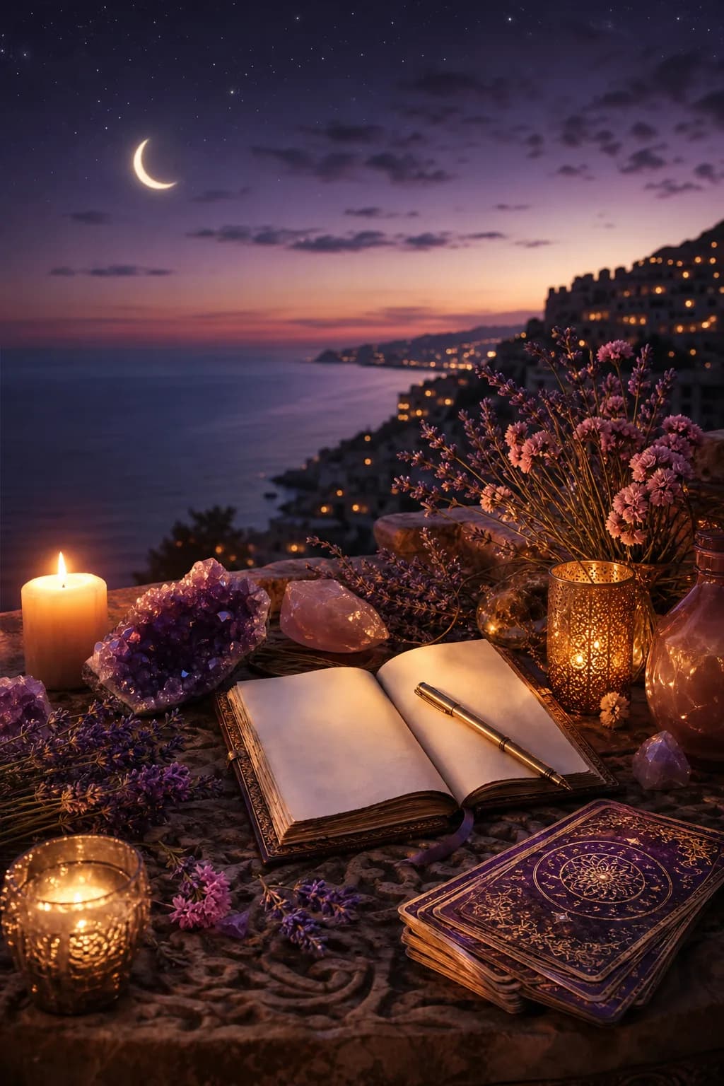 Une table de travail au crépuscule : carnet ouvert, cartes de tarot, bougies, améthyste et lavande face à la mer.